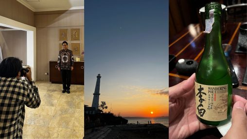 Photos of video shooting with Indonesia's Minister of Health, sunset in Kupang lighthouse, and a bottle of Wandering Poet sake.
